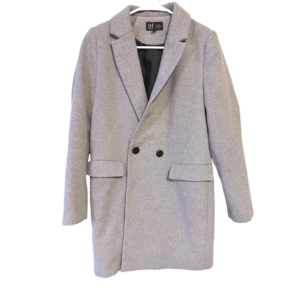 Zara TRF Collection Gray Wool Blend Double Breasted Overcoat Peacoat Minimalist
